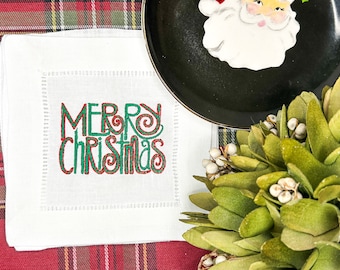 Embroidered Christmas cocktail napkins, holiday Merry Christmas napkins, holiday drink coaster, hostess holiday gift