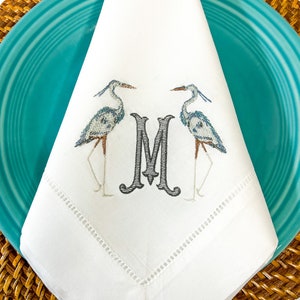 Linen hemstitch napkins with Egret & monogram. Coastal napkin, personalized wedding gift, personalized hostess gift