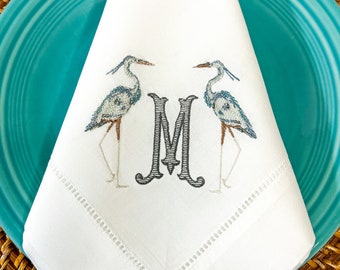 Linen hemstitch napkins with Egret & monogram. Coastal napkin, personalized wedding gift, personalized hostess gift