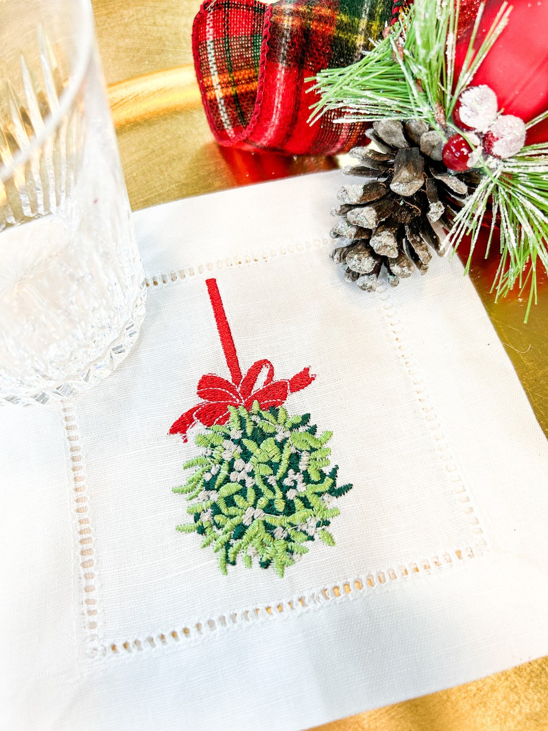 Embroidered Christmas Cocktail Napkins, Holiday Mistletoe Napkins