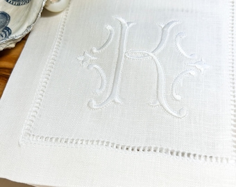 Personalized embroidered cocktail napkin with single monogram on white linen | Hostess Gift | Wedding Gift | LadyBirdLaneCo