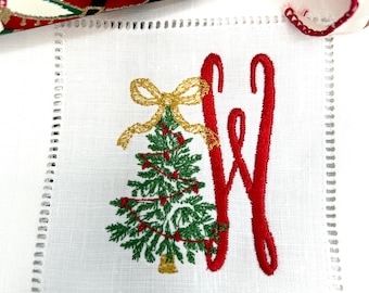 Personalized Christmas Cocktail Napkins: Embroidered Tree, Monogrammed Linen