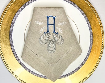 Embroidered linen napkins with oyster motif, monogrammed dinner napkin, coastal napkin,  personalized wedding gift,  hostess gift