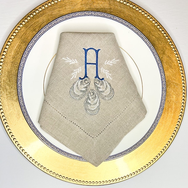 Embroidered linen napkins with oyster motif, monogrammed dinner napkin, coastal napkin,  personalized wedding gift,  hostess gift