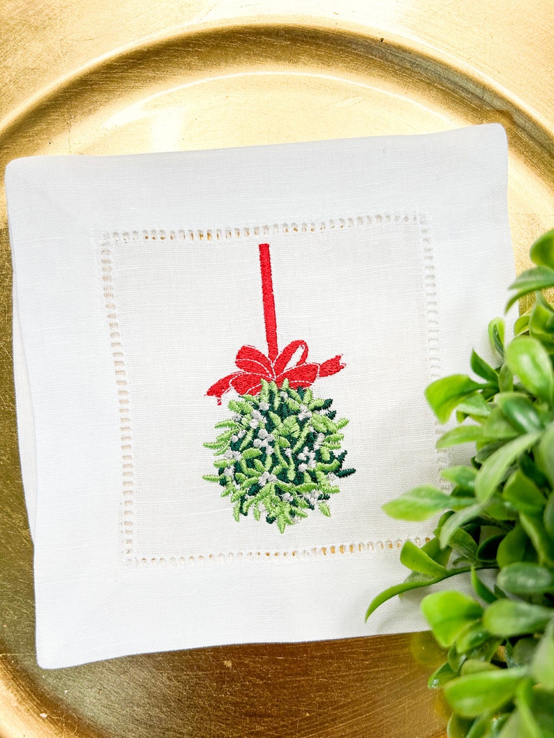 Embroidered Christmas Cocktail Napkins, Holiday Mistletoe Napkins