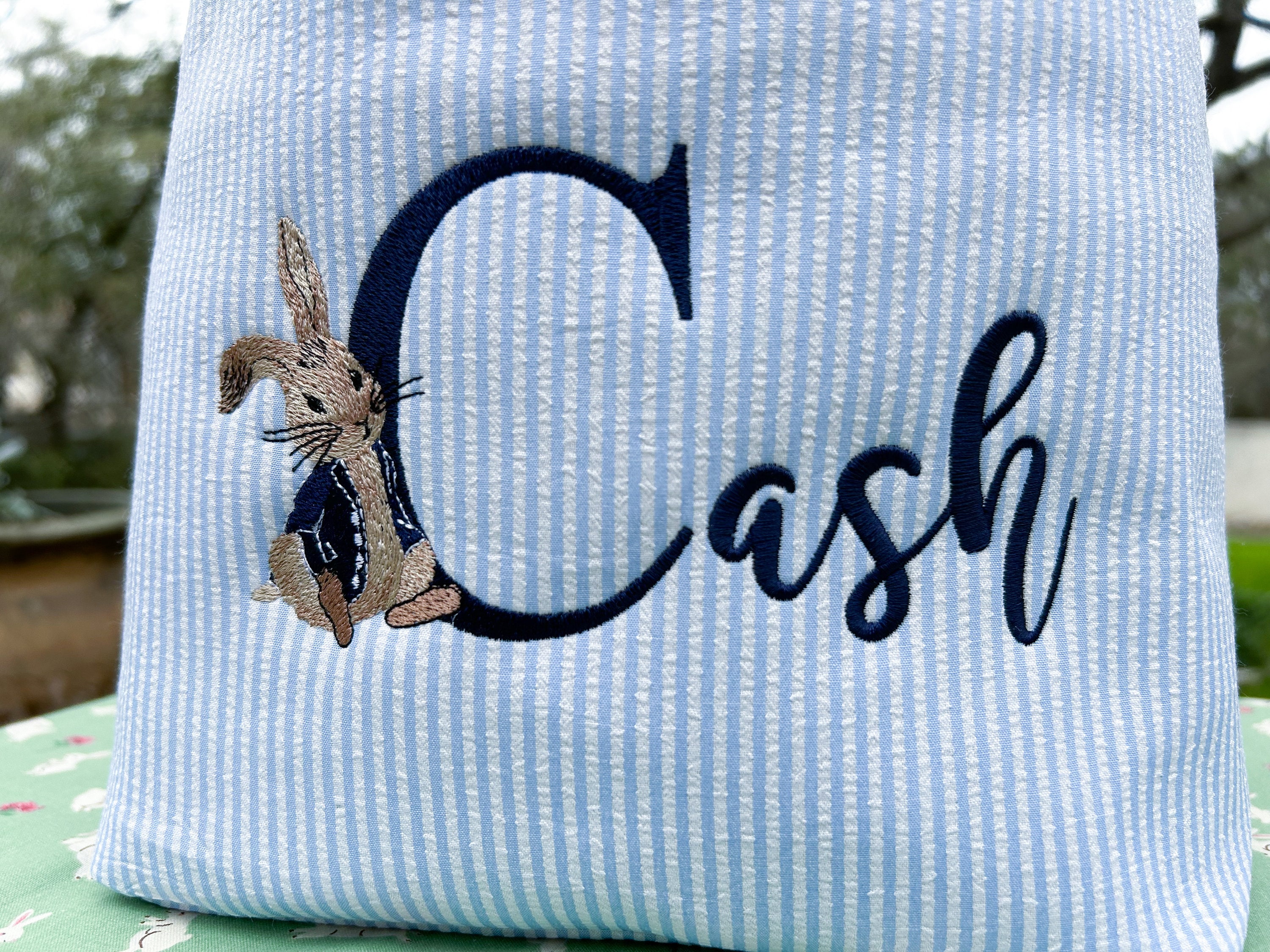 Seersucker Easter Basket Bucket Tote Bag - Medium, Personalized With Monogram (Blue) - View #7