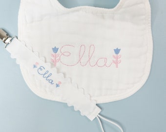 Girl baby bib | muslin bib and burp set |  personalized bib | embroidered baby gift | baby bib with flowers | baby shower gift