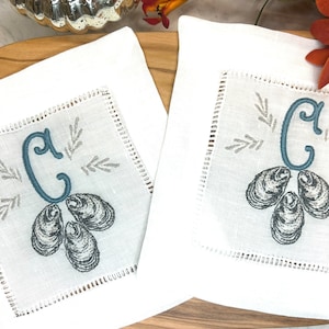 Personalized embroidered linen cocktail napkins, coastal cocktail napkins with oysters, embroidered coasters, wedding gift, hostess gift