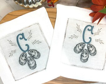 Personalized Embroidered Linen Cocktail Napkins: Oyster Coastal Decor