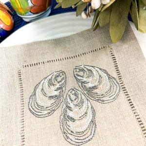 Embroidered linen cocktail napkins, coastal cocktail napkins with oysters, embroidered drink coasters, wedding gift, hostess gift