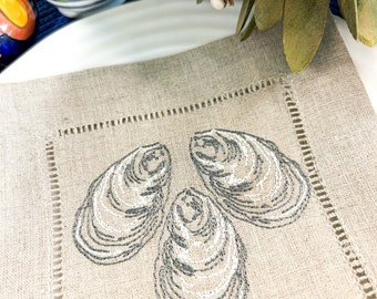 Embroidered Linen Cocktail Napkins: Coastal Oyster Coasters
