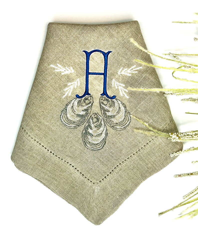 Embroidered Linen Napkins With Oyster Motif, Monogrammed Dinner Napkin