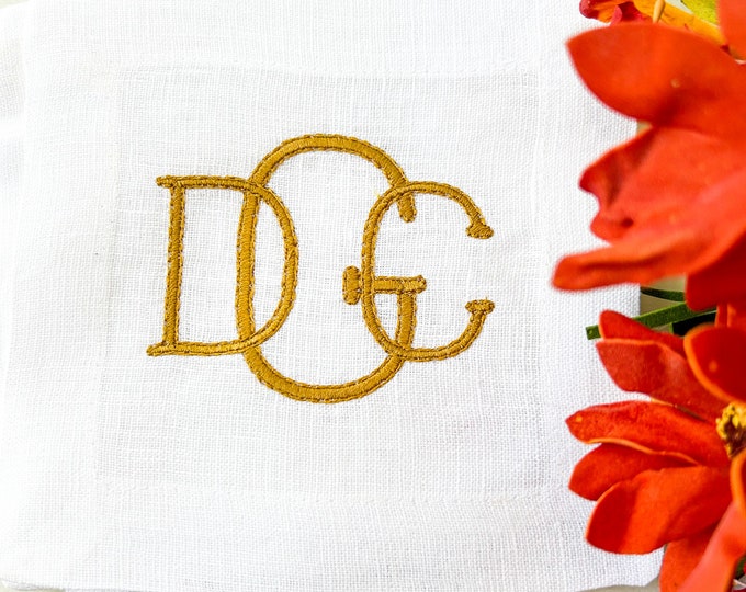 Embroidered linen cocktail napkins with classic monogram, cocktail party, bridal shower gift, drink coasters, wedding gift, hostess gift