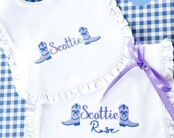 Cowgirl boot bib and burp cloth set | Cowboy boots bib | Personalized bib set for girl | Monogram baby gift | Bib, burp, and pacifier set