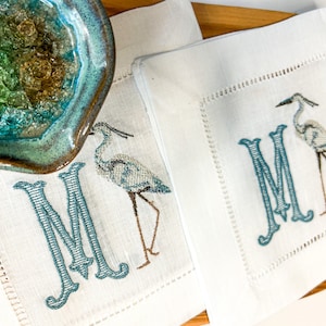 Embroidered linen cocktail napkin, coastal cocktail napkin with egret, embroidered drink coaster, wedding gift, hostess gift