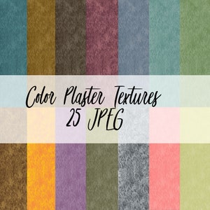 May include: A digital art image showcasing a collection of 25 JPEG files featuring various color plaster textures. The textures span a range of colors, including teal, gold, brown, and pink, with a textured, rough appearance. The text "Color Plaster Textures" and "25 JPEG" are displayed.