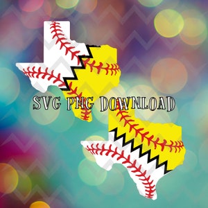 Peut inclure: Deux motifs représentant l'État du Texas sous forme de balles de softball. L'un est blanc et l'autre jaune, avec des coutures rouges. Le texte "SVG PNG DOWNLOAD" est imprimé en noir.