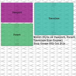 May include: SVG cut file for Midori style journal covers. Includes designs for Passport, Pocket, and Travelers sizes. The covers are in purple, teal, and green, with the text "Passport", "Pocket", and "Travelers".