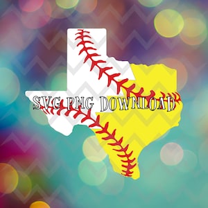 May include: A digital graphic featuring the outline of the state of Texas, split into two sections. One section is white with red baseball stitching, the other is yellow with red softball stitching. The text "SVG PNG DOWNLOAD" is overlaid.