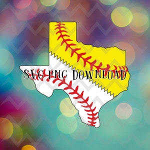 Peut inclure: Graphique de l'état du Texas en forme de balle de softball. La moitié supérieure est jaune avec des coutures rouges, et la moitié inférieure est blanche avec des coutures rouges. Le texte "SVG PNG DOWNLOAD" est superposé à l'image.