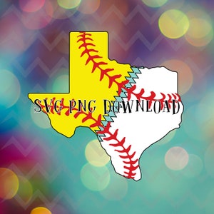 Puede incluir: Un gráfico del estado de Texas, dividido en secciones amarillas y blancas, que se asemeja a una pelota de softbol. Las costuras rojas detallan el diseño de la pelota de softbol. El texto "SVG PNG DOWNLOAD" está superpuesto en la imagen.