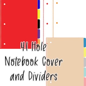 May include: A red notebook cover and dividers with colorful tabs. The text "41 Hole Notebook Cover and Dividers" is displayed in a handwritten style. The dividers have a variety of colors.