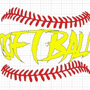 Puede incluir: Gráfico temático de softbol con la palabra "SOFTBALL" en amarillo. Costuras rojas, similares a las de una pelota de softbol, rodean el texto. El diseño está sobre un fondo de cuadrícula.