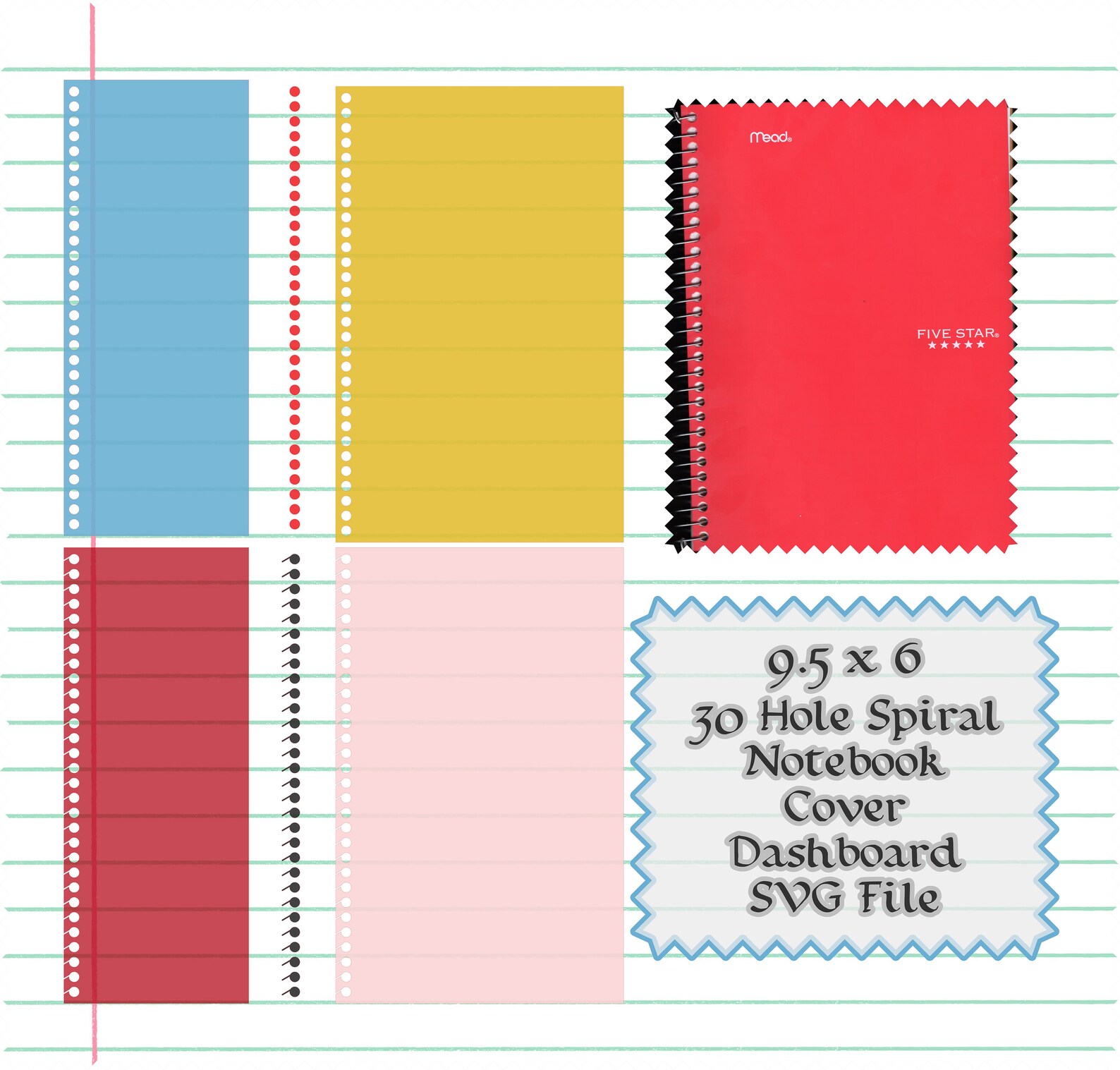9.5 X 6 30 Hole Spiral Notebook Cover and Dashboard SVG File for