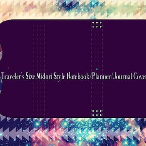 May include: A Traveler's Size Midori Style Notebook/Planner/Journal Cover in a deep purple hue. The cover features a curved design on the left side and dotted lines for stitching. The text "Traveler's Size Midori Style Notebook/Planner/Journal Cover" is displayed in white.