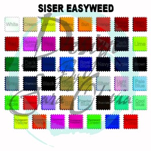 Op de afbeelding: Een kleurenkaart met een verscheidenheid aan kleuren warmteoverdracht vinyl. De kaart bevat tinten rood, blauw, groen, geel en meer, met namen als "Vegas Gold" en "Bubble Gum". De tekst "SISER EASYWEED" staat bovenaan.