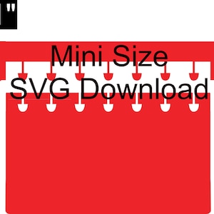 May include: A red graphic with the text "Mini Size SVG Download." The image includes a 1-inch measurement indicator in the upper left corner. The design features a rectangular shape with a series of small, white, semi-circular cutouts along the bottom edge.