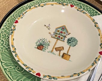 Vintage Thomson Pottery Birdhouse  Dinner Plate & Salad Plates Discontinued Cottagecore Country Garden Dinnerware, Hearts and Vines Border.