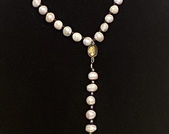 Authentic An Old Soul Baroque Pearl  Lariat Necklace, Beaded Y Necklace with Faceted Crystals and Antique Bell Charm, Boho Estate Jewelry