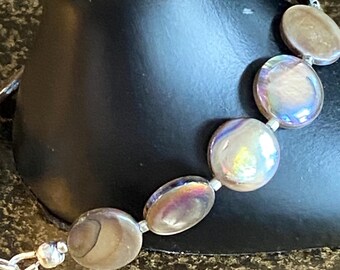 Abalone Disk Beaded Bracelet, Sterling Silver Clasp, Multicolor Mother of Pearl, 8" OOAK