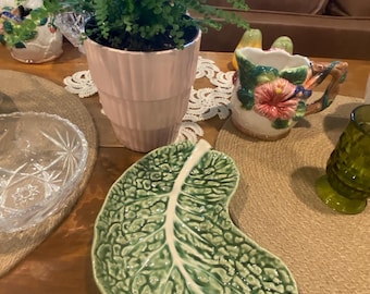 Bordallo Pinheiro GREEN Cabbage Ware Cresent Shaped Salad /Bone Plate Vintage