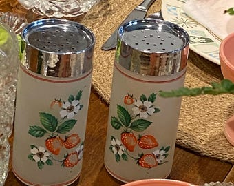 Strawberry Motif Frosted Glass Salt and Pepper Shakers. Vintage 1960’s