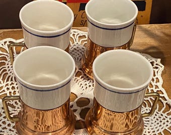 Vintage 1984 Teleflora Demitasse Espresso Cups with Copper Holders - Set of 4 (Made in Portugal)