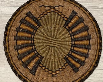 Vintage Hopi Wicker Plaque Basket Tray - Authentic Third Mesa Native American Basketry - Handwoven  Butterfly 12.25” Plaque - Circa 1970s