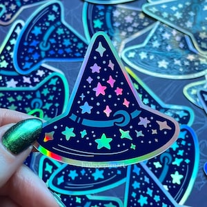 Holographic Witch Hat Sticker | Witch Hat Sticker Celestial Wizard Hat Sticker Witch Hat Stickers Laptop Bottle Witchcore Halloween Stickers