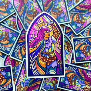 Holo Lady Knight Sticker | Stained Glass Medieval Joan Arc Knight Women Warrior Knightcore Sticker Holographic Water Bottle Journal Stickers