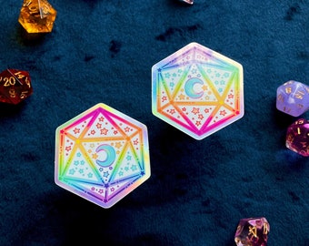 Set of 2 Holographic D20 Dice Sticker | D&D Die Cut Galaxy Rainbow Holo Vinyl Stickers Laptop Bottle Decal Dungeons Dragons Stars Cute
