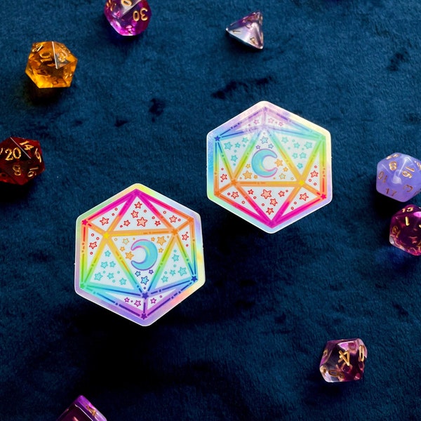 Set of 2 Holographic D20 Dice Sticker | D&D Die Cut Galaxy Rainbow Holo Vinyl Stickers Laptop Bottle Decal Dungeons Dragons Stars Cute