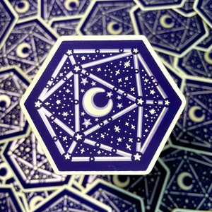 Metallic Celestial Moon D20 Dice Sticker D&D Die Cut Galaxy Stars Silver Vinyl Wizard Stickers Laptop Bottle Decal Dungeons and Dragon D 20