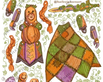 Muñeca de papel imprimible Muñeca de papel de caballero calabaza Kit de bricolaje / Muñeca de Halloween Muñeca de papel imprimible Página para colorear imprimible Muñeca de Halloween Muñeca
