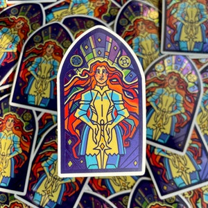 Metallic Lady Knight Sticker | Stained Glass Medieval Joan Arc Knight Women Warrior Die Cut Sticker Laptop Water Bottle Journal Stickers DnD