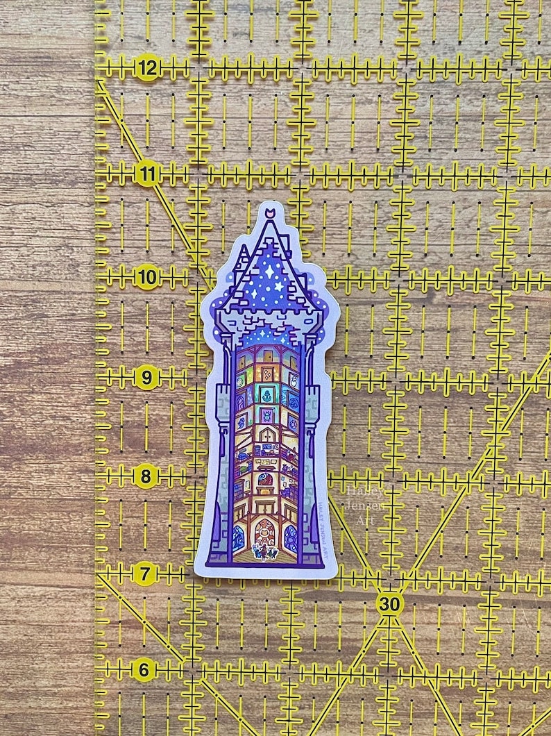 May include: A sticker of a purple and blue tower with a star-filled sky on the roof. The tower has many windows with different colored designs inside. The sticker is about 9 inches tall.