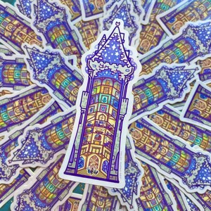 May include: A sticker of a tall, detailed tower with a purple roof and a starry night sky. The tower has many windows and doors, each with a different design. The sticker is on a white background.