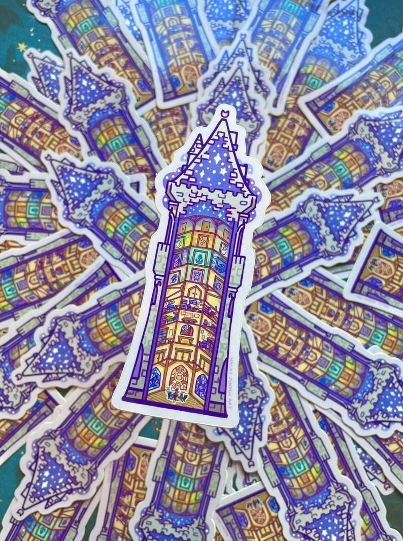 May include: A sticker of a tall, detailed tower with a purple roof and a starry night sky. The tower has many windows and doors, each with a different design. The sticker is on a white background.