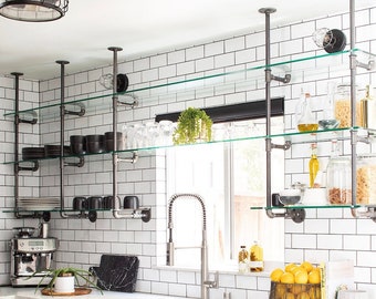 French Bistro Glass and Black Steel Bar Shelves (Custom)