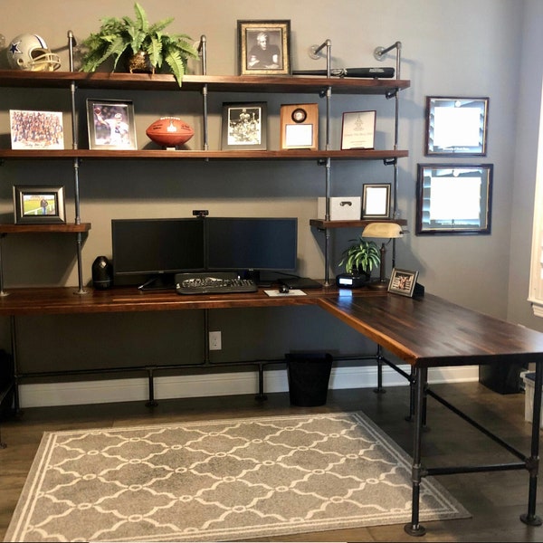 Butcher Block Corner L-Shaped Desk Built-In